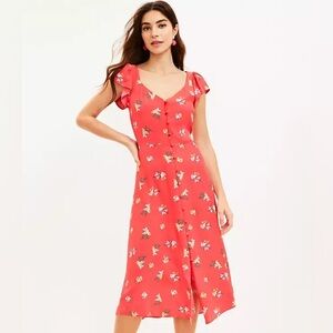 Ann Taylor LOFT Coral Floral Flutter Sleeve Button Up Midi Dress Size 4 NWT